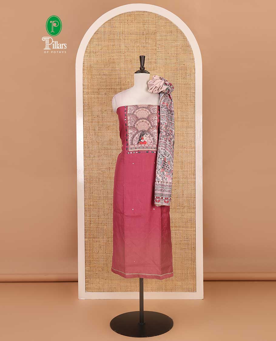 Onion pink material chudidar set, Madhubani theme printed with French Knot embroidered and mirror work Vertican silk top, contrast rayon bottom, and Madhubani printed dupatta