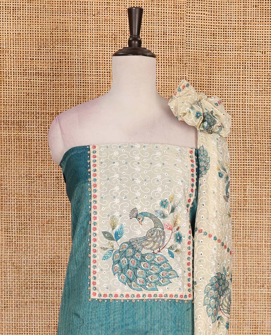 Peacock blue tissue material chudidar set, peacock printed with neck patch embroidered top, plain bottom, dupatta of peacock print, and cut work