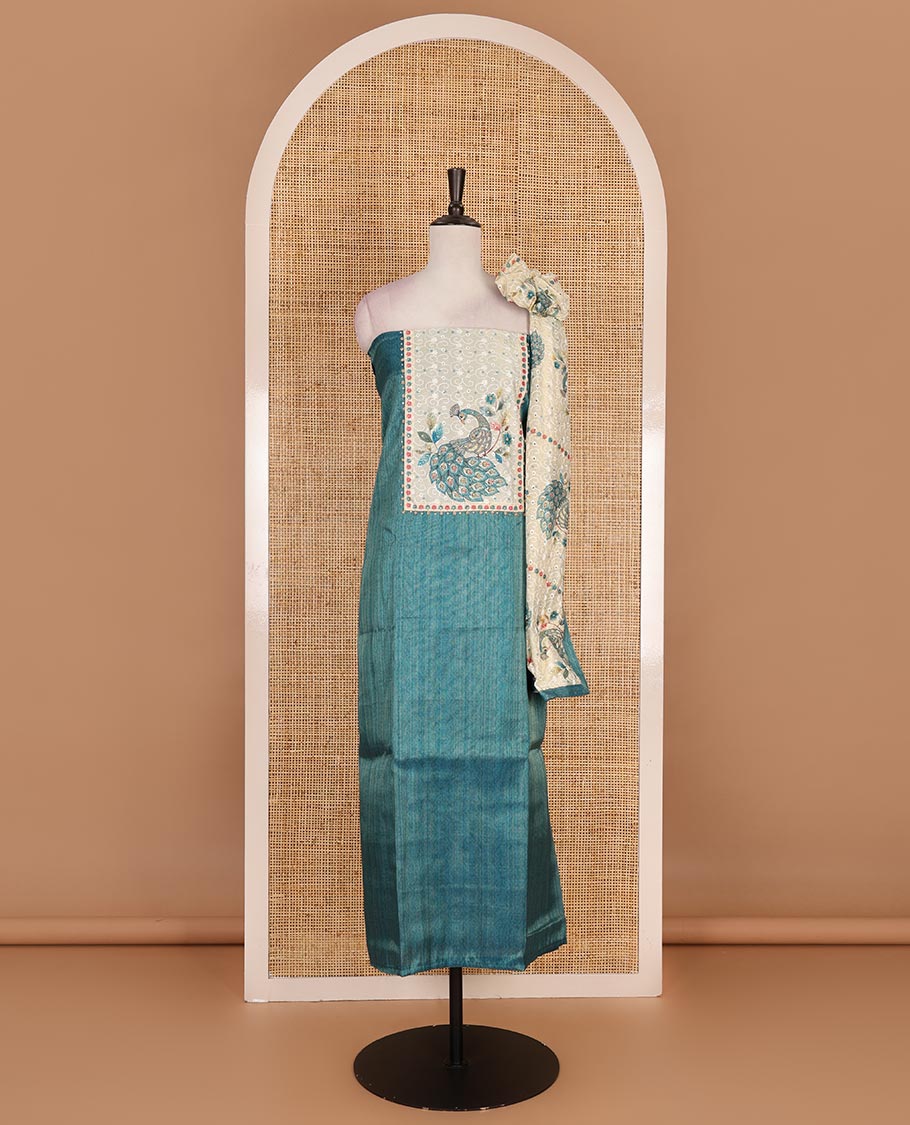 Peacock blue tissue material chudidar set, peacock printed with neck patch embroidered top, plain bottom, dupatta of peacock print, and cut work