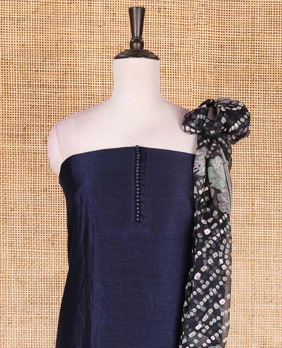 Navy blue material chudidar set, plain with fancy thermacol balls neck work Vichitra top, cotton bottom, and floral with bandhani printed dupatta