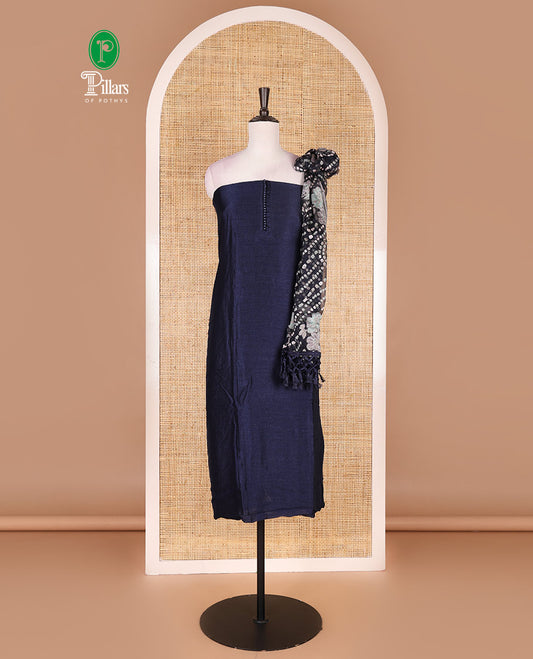 Navy blue material chudidar set, plain with fancy thermacol balls neck work Vichitra top, cotton bottom, and floral with bandhani printed dupatta