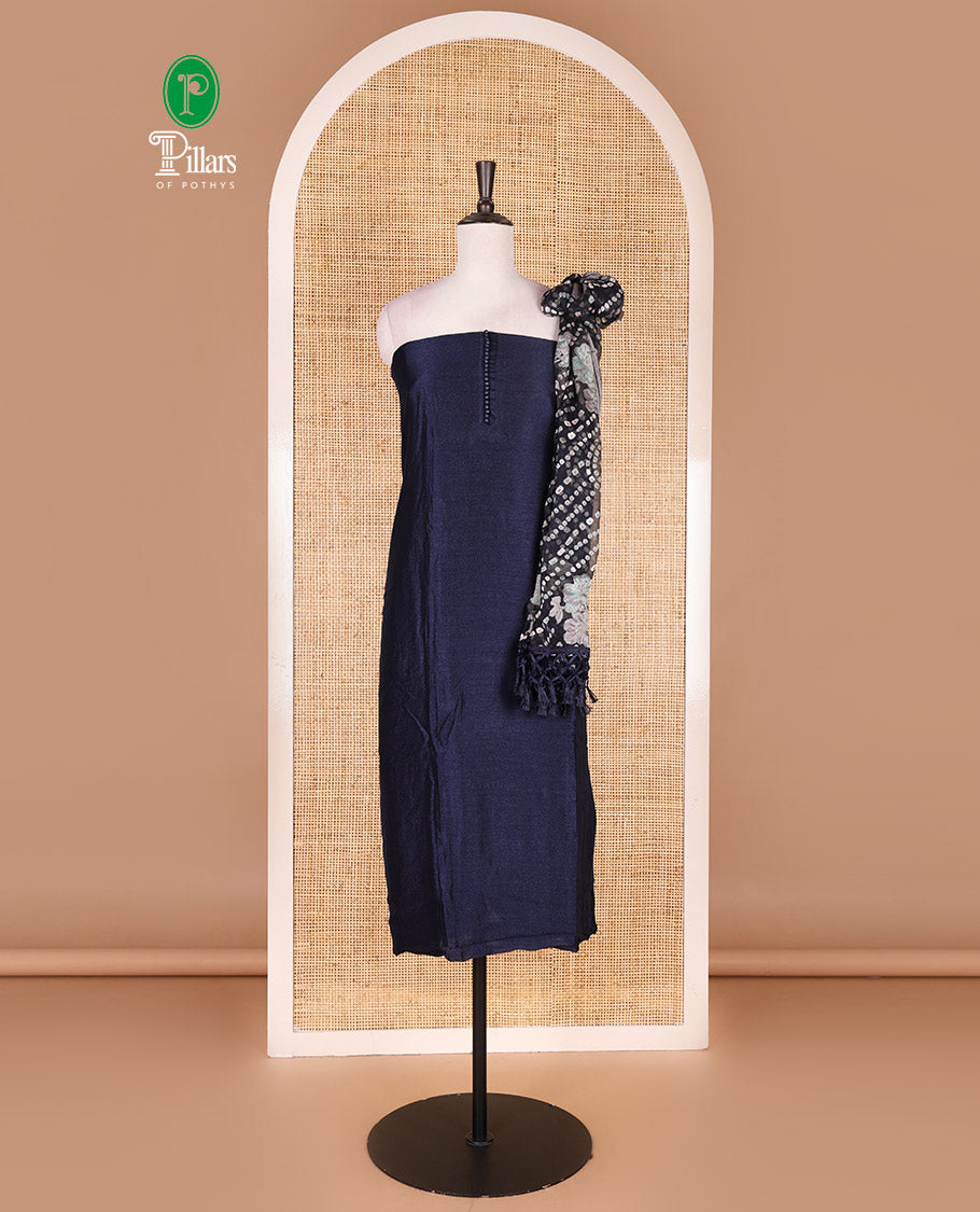 Navy blue material chudidar set, plain with fancy thermacol balls neck work Vichitra top, cotton bottom, and floral with bandhani printed dupatta