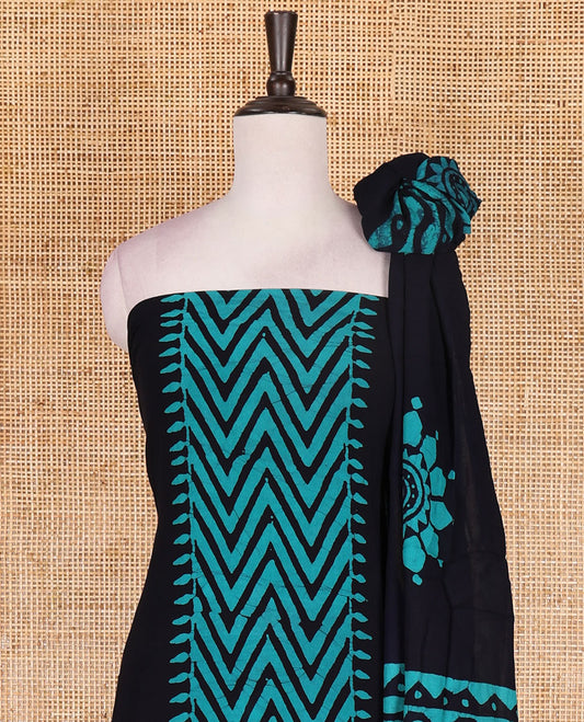 Navy blue-rama green material chudidar set, chevron stripes hand block printed viscose georgette top, contrast santoon bottom, and viscose georgette hand block printed dupatta