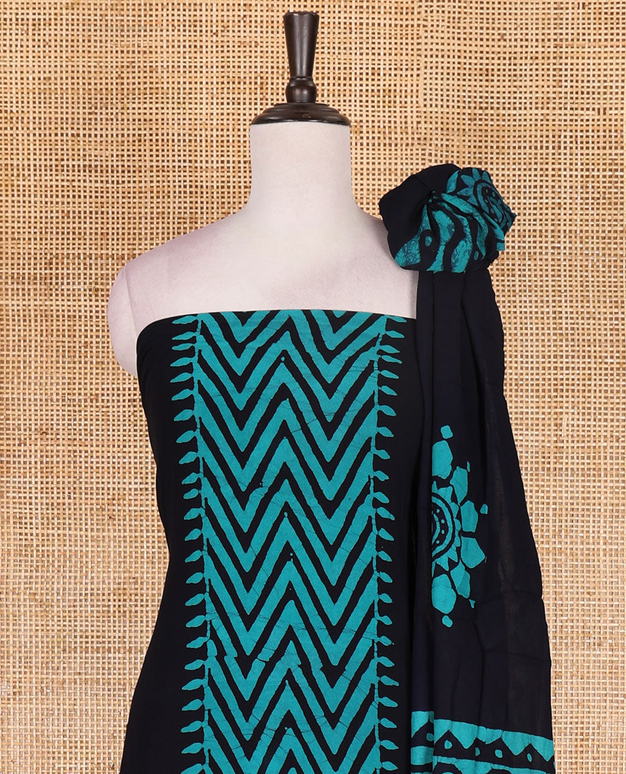Navy blue-rama green material chudidar set, chevron stripes hand block printed viscose georgette top, contrast santoon bottom, and viscose georgette hand block printed dupatta