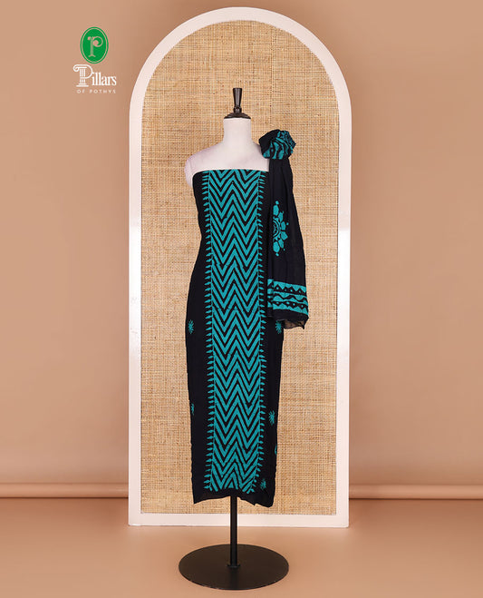 Navy blue-rama green material chudidar set, chevron stripes hand block printed viscose georgette top, contrast santoon bottom, and viscose georgette hand block printed dupatta