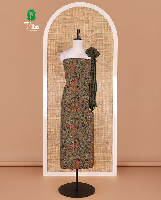 Mehendi green Italian crepe material chudidar set, paisley printed top, plain bottom, and floral-paisley printed georgrette dupatta