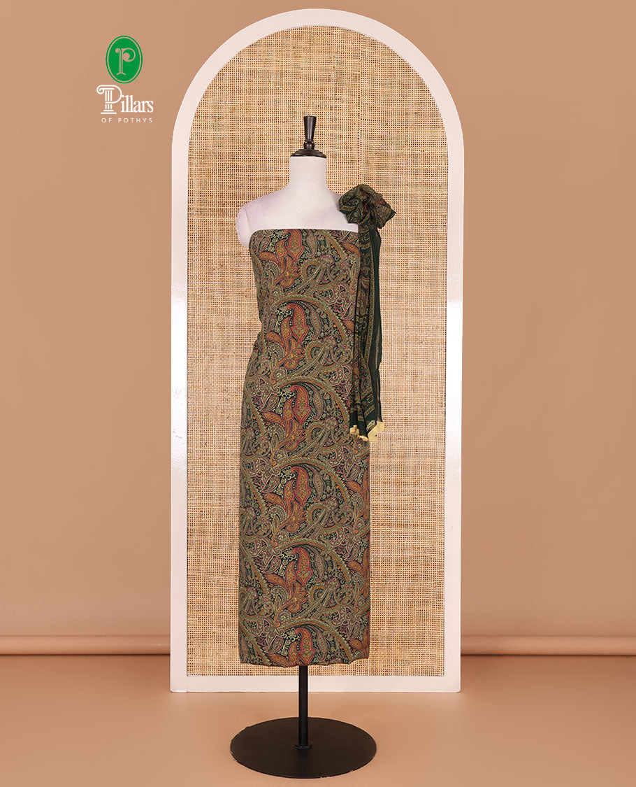 Mehendi green Italian crepe material chudidar set, paisley printed top, plain bottom, and floral-paisley printed georgrette dupatta