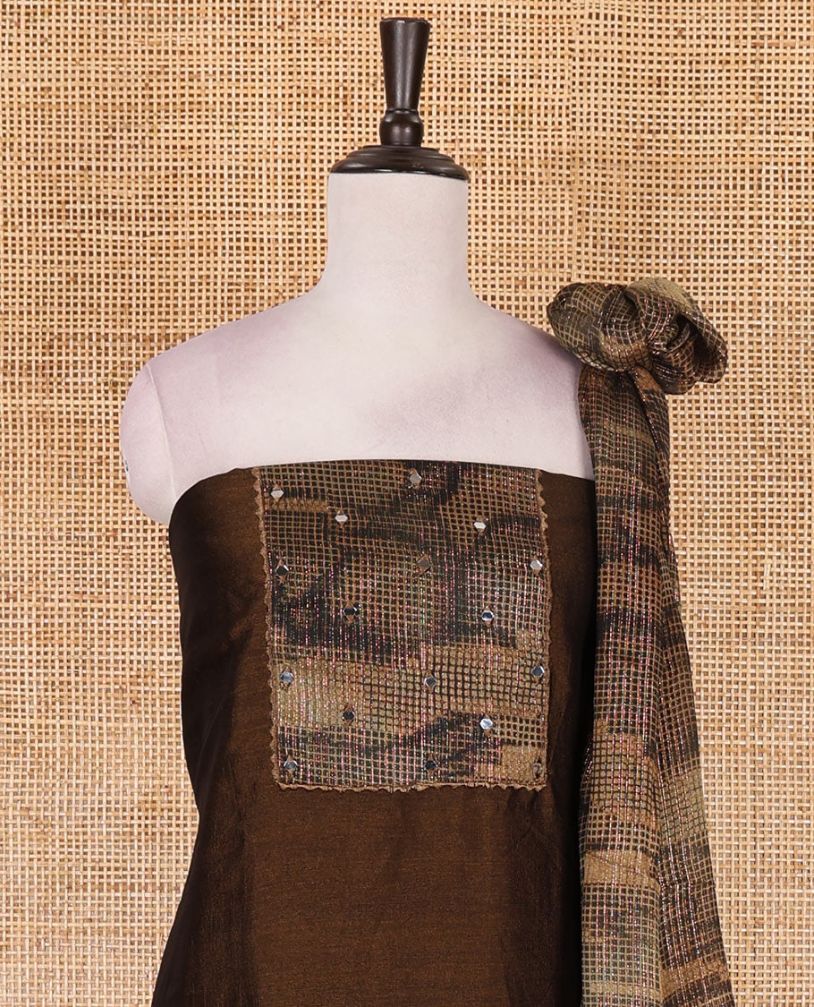 Brown material chudidar set, abstract printed with mirrorwork Vichitra silk top, santoon bottom, and abstract printed shimmer georgette dupatta