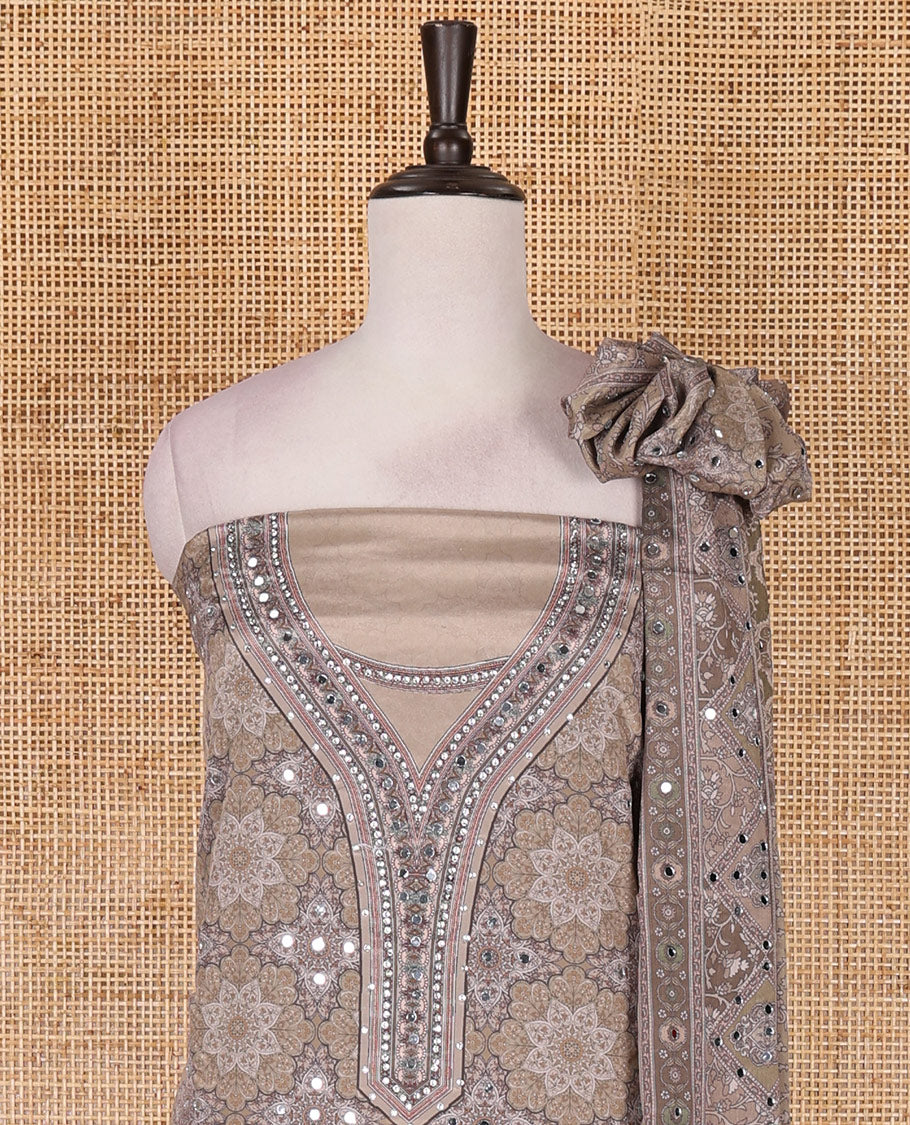 Fawn material chudidar set, intricately printed with original mirror work crepe top, Italian crepe bottom, and chinon digital print, mirror work dupatta