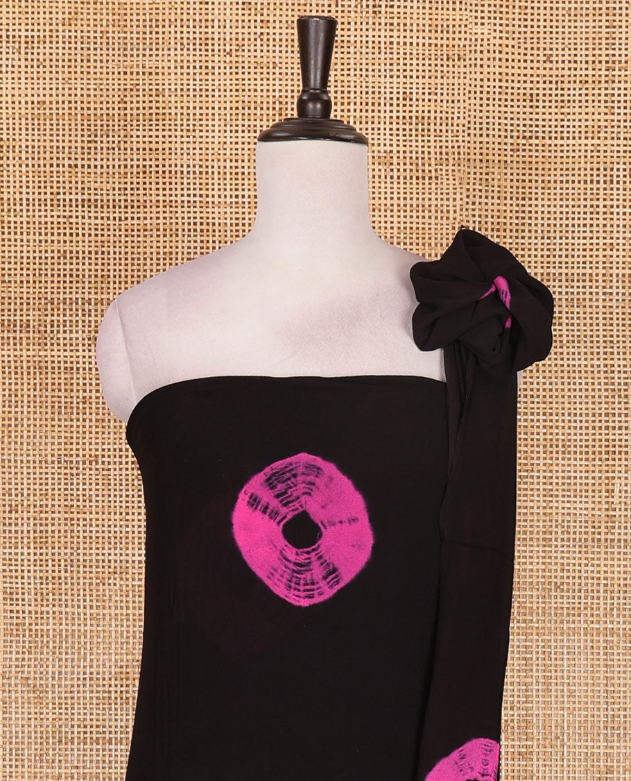 Black and pink viscose georgette material churidar set, big bandhani dots printed top, plain bottom, and big bandhani dots printed dupatta