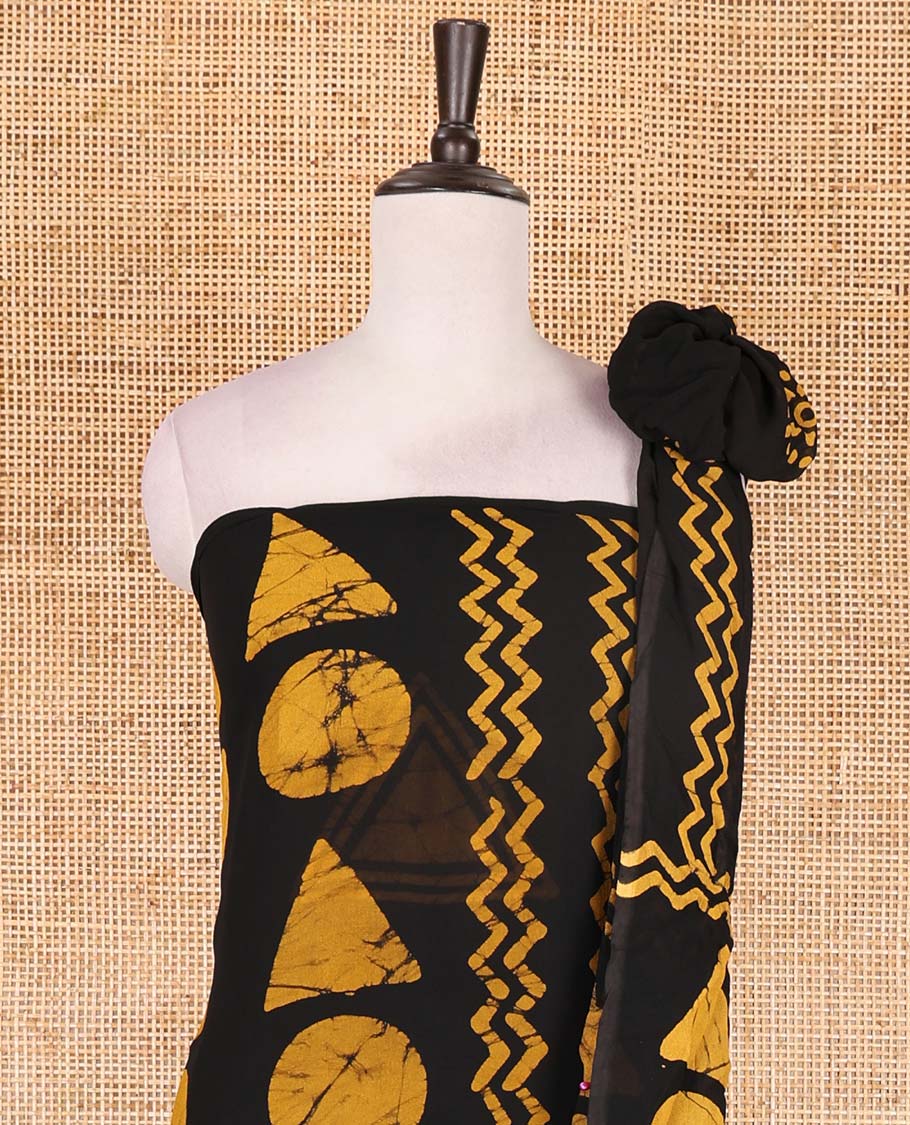 Black and mustard viscose georgette material churidar set, geometric shapes batik hand block printed top, plain bottom, and batik hand block printed dupatta