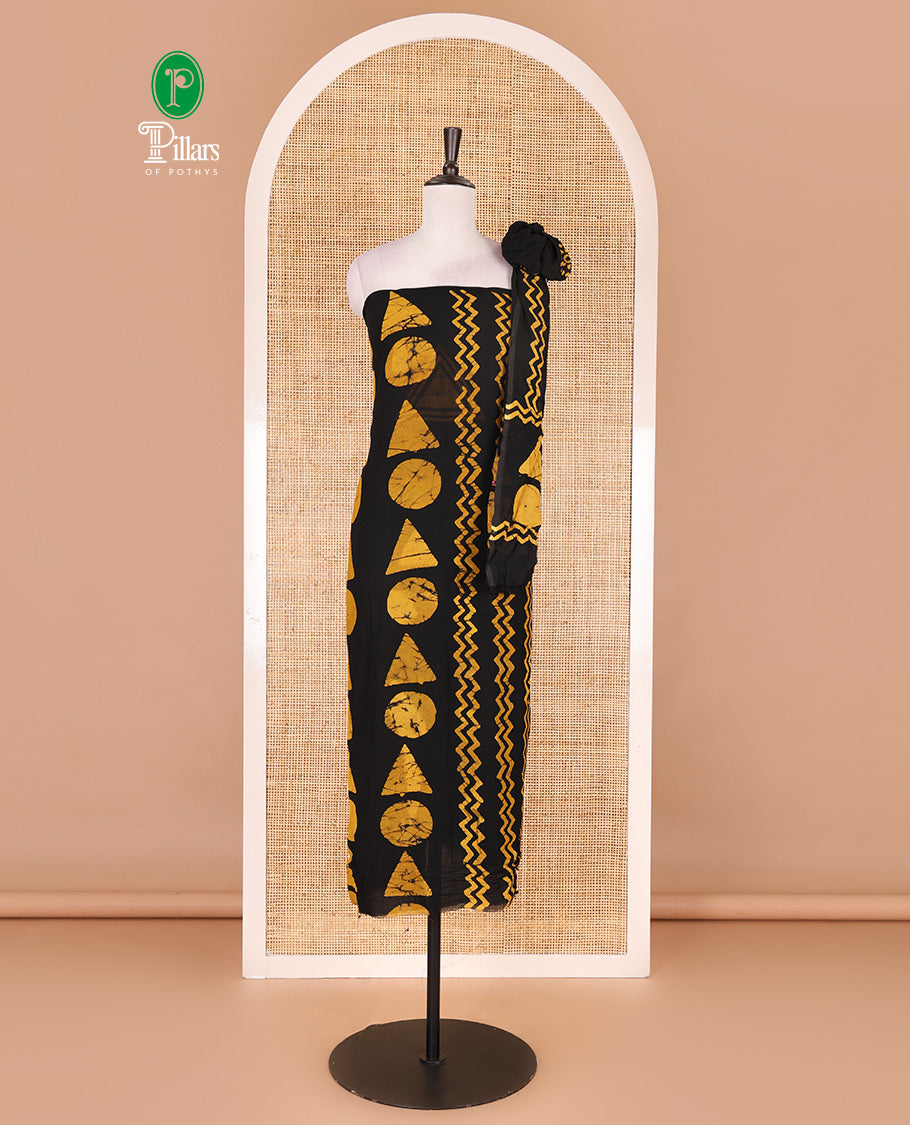 Black and mustard viscose georgette material churidar set, geometric shapes batik hand block printed top, plain bottom, and batik hand block printed dupatta