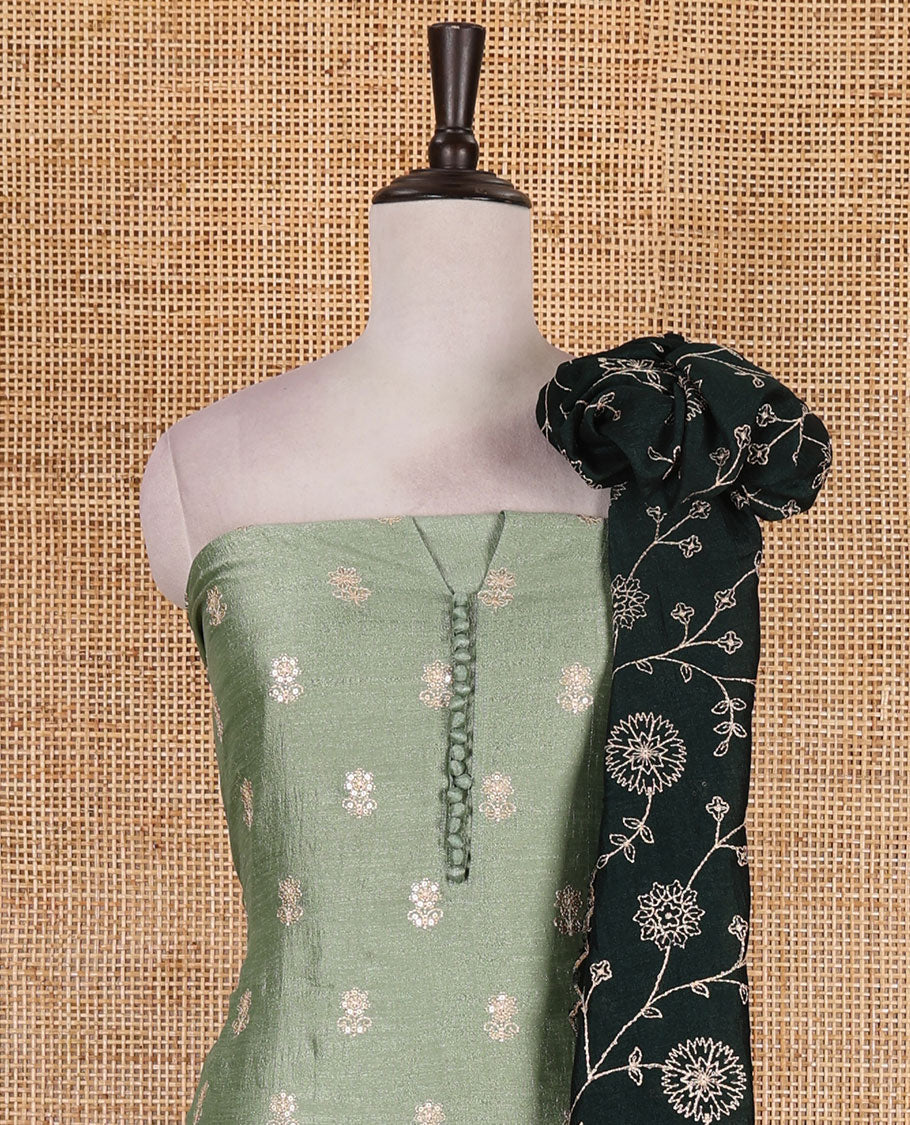 Pista green Vichitra silk material churidar set, floral motifs embroidered top, contrast Santoon bottom, and floral vine thread embroidered scallop dupatta