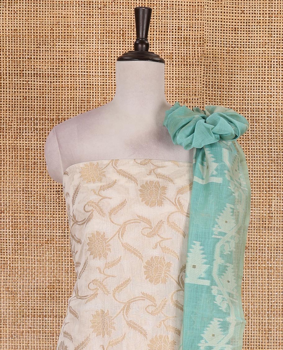Cream with blue semi-chanderi material churidar set, floral jaal jacquard top, contrast taffeta silk bottom, and jamdani style dupatta