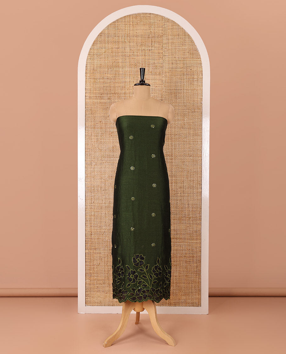 Green material chudidar set, sequins work with floral Aplic embroidered Vichitra silk top, matching bottom, and an embroidered dupatta