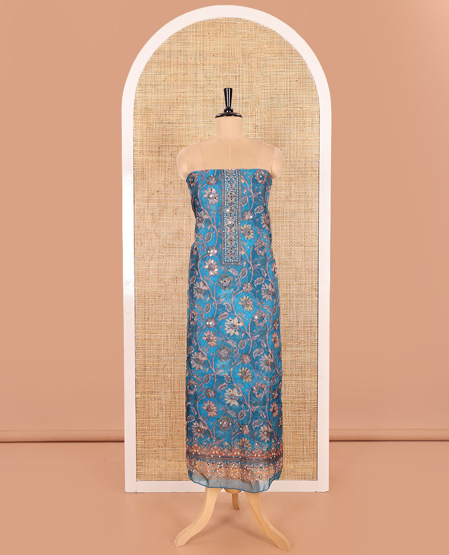 Blue Material Chudidar Set Embellished with Floral Vine with Mirror Work Organza Top, Subtly Made Plain Santoon Bottom, and Organza Dupatta Featuring Floral Vine Print and Mirror Work