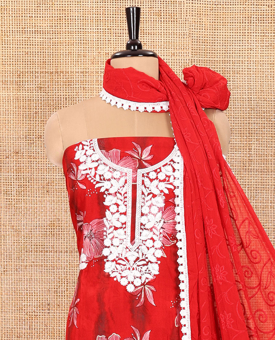 Red Material Chudidar Set Elevated with Phulkari-Style Floral Embroidery and Floral Print Rayon Top, Subtly Made Plain Rayon Bottom, and a Chiffon Georgette Dupatta of Floral Theme Designs