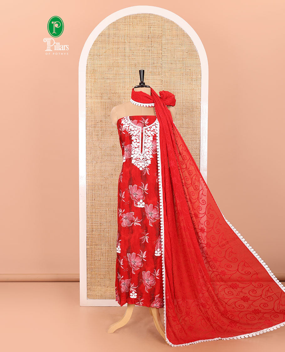 Red Material Chudidar Set Elevated with Phulkari-Style Floral Embroidery and Floral Print Rayon Top, Subtly Made Plain Rayon Bottom, and a Chiffon Georgette Dupatta of Floral Theme Designs