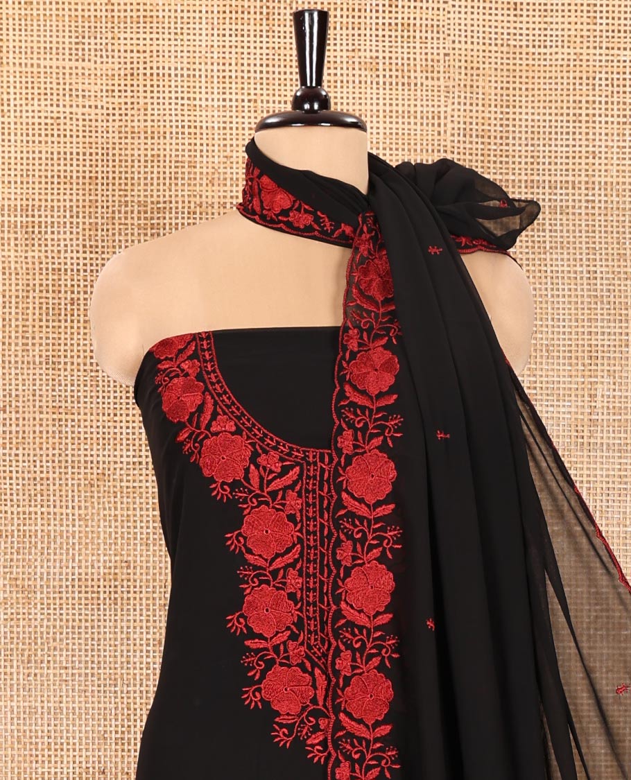 Black and Red Material Chudidhar Set, Accentuated with Floral Thread Embroidered Fox Georgette Top, Plain Santoon Bottom, and Fox Georgette Scallop Dupatta with Floral Thread Embroidery