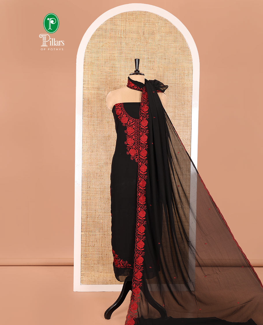 Black and Red Material Chudidhar Set, Accentuated with Floral Thread Embroidered Fox Georgette Top, Plain Santoon Bottom, and Fox Georgette Scallop Dupatta with Floral Thread Embroidery