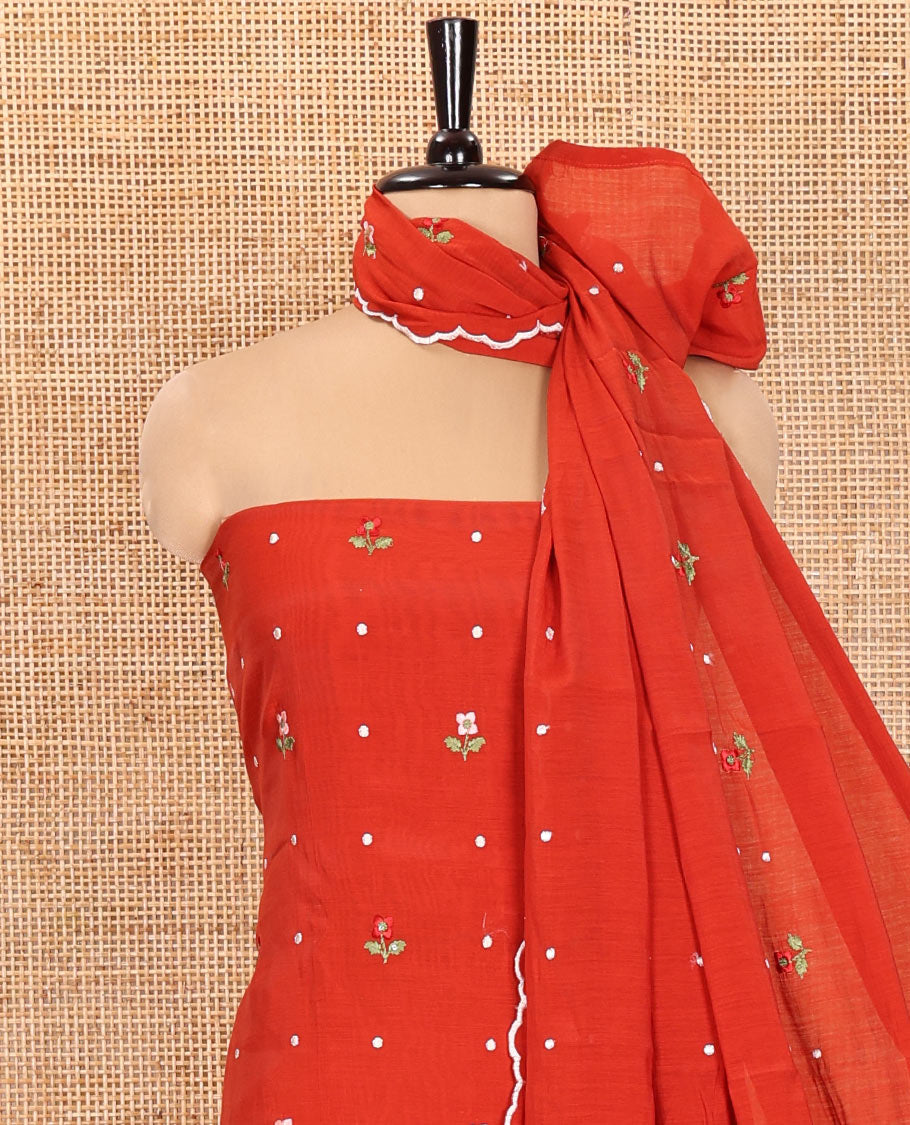 Rust Material Churidar Set, Flower Motifs Embroidered Mul Chanderi Top, Comes with a Plain Santoon Bottom, and a Scallop Floral Motifs Embroidered Mul Chanderi Dupatta