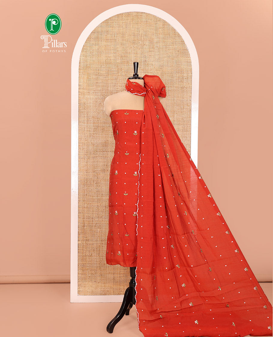 Rust Material Churidar Set, Flower Motifs Embroidered Mul Chanderi Top, Comes with a Plain Santoon Bottom, and a Scallop Floral Motifs Embroidered Mul Chanderi Dupatta