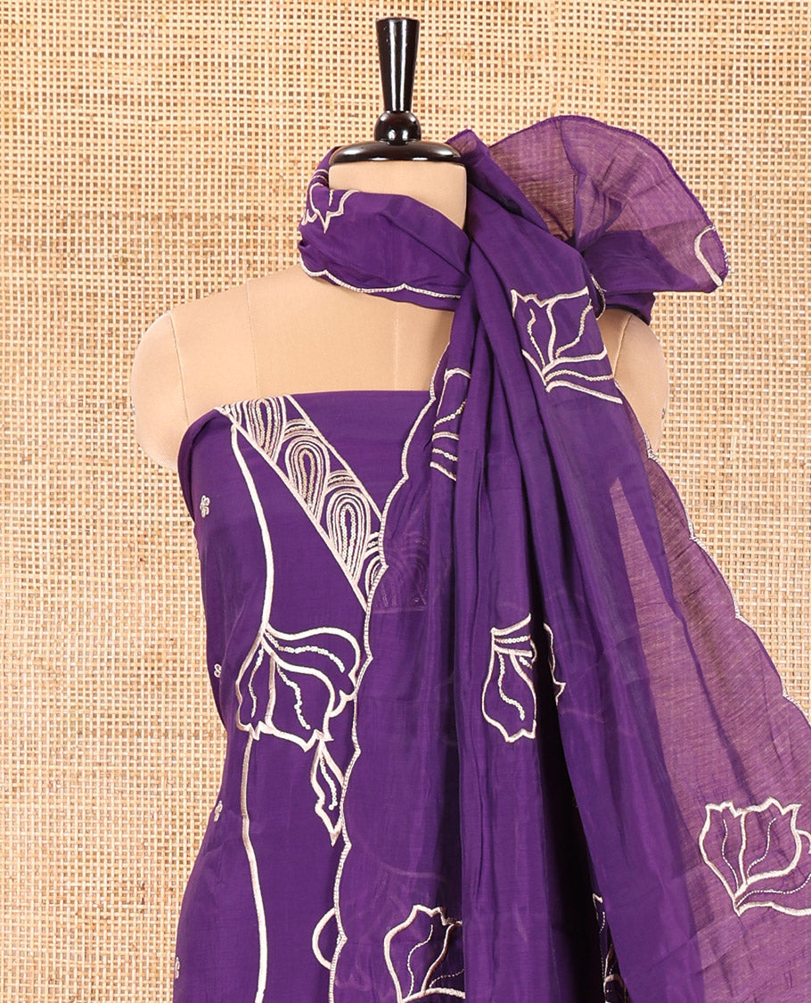 Violet Mul Chanderi Material Churidar Set, Ornamented with Flower Embroidery and Sequins Work V-Neck Top, a Plain Santoon Bottom, and Paired with a Mul Chanderi Floral Embroidered Dupatta