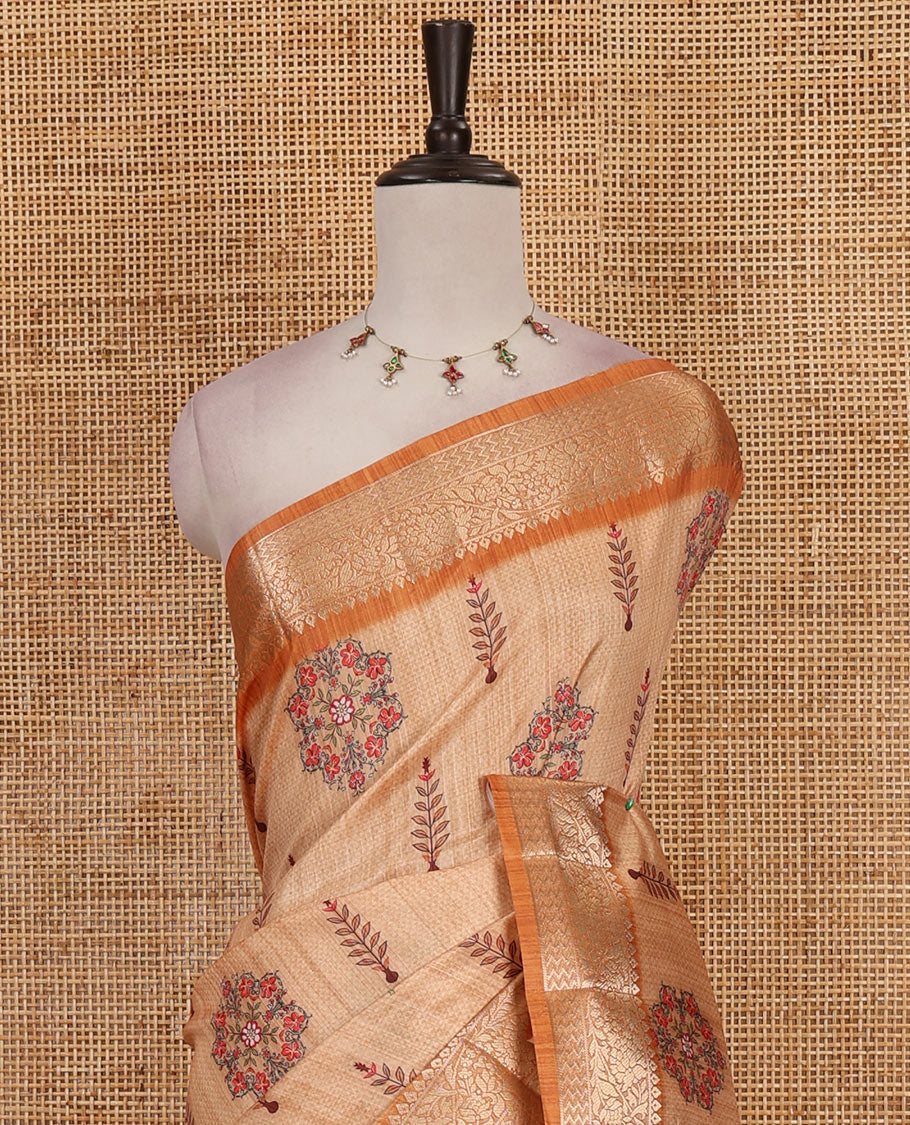 Sandal floral and pine tree motifs digital printed fancy tussar saree, contrast traditional zari border, intricate paisleys woven zari pallu, and plain blouse