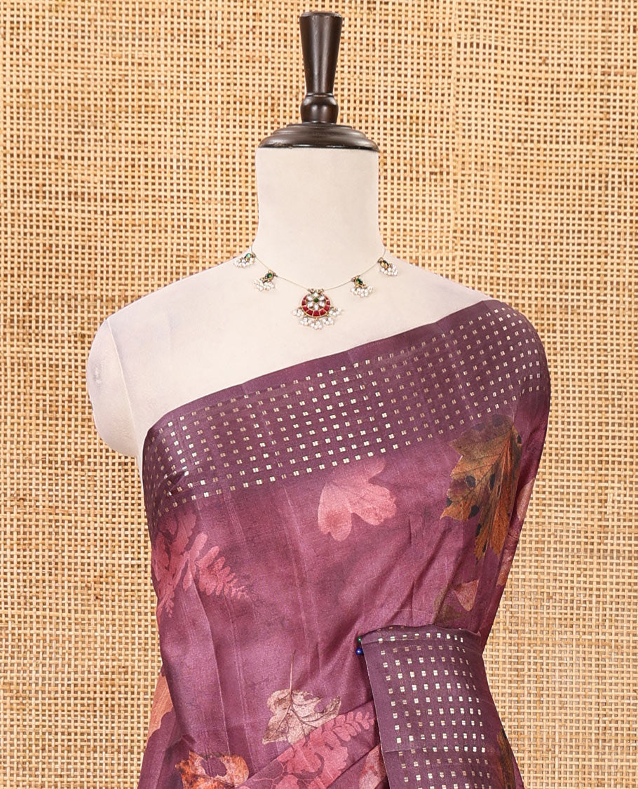 Purple leaf motifs eco-digital printed fancy tussar saree, zari border & pallu woven with dobby-style buttas