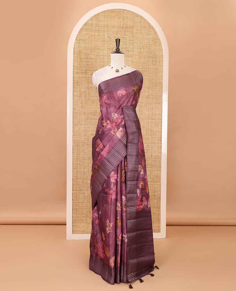Purple leaf motifs eco-digital printed fancy tussar saree, zari border & pallu woven with dobby-style buttas