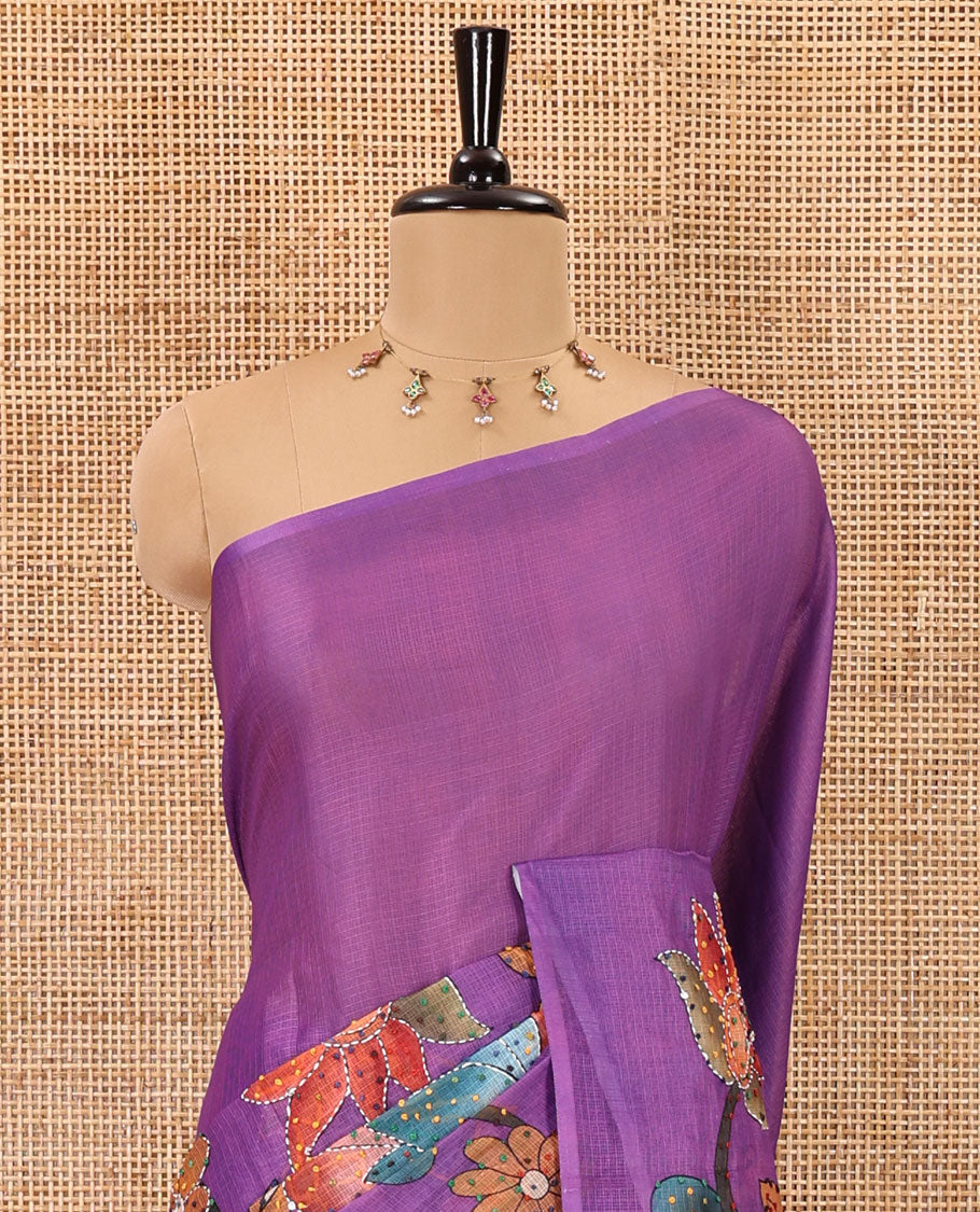 Borderless purple kalamkari floral vine printed with French knot and kanta embroidered kotta silk saree, printed and French knot embroidered matching blouse