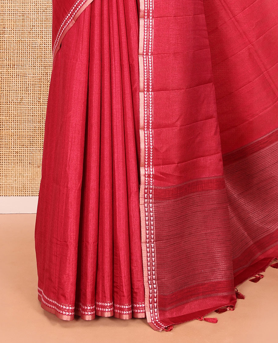 Maroon plain fancy tussar saree, temple motifs woven thread border, striped pallu, and a matching blouse