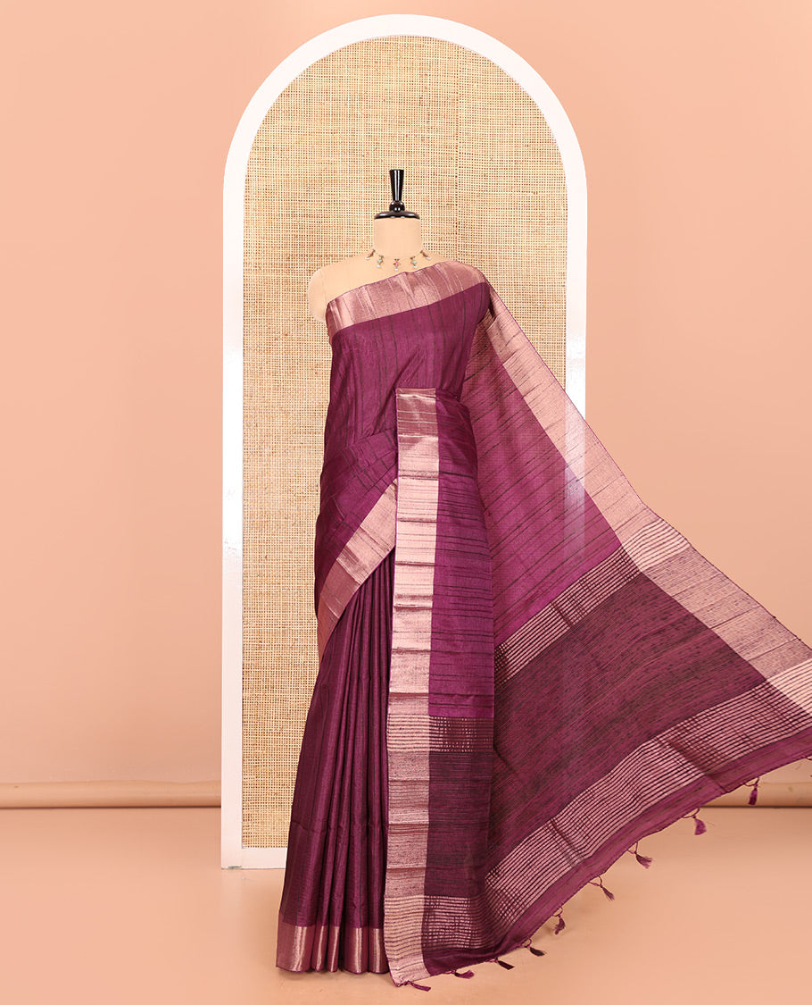 Purple plain ghicha woven fancy tussar silk saree, tissue small border, striped pallu, and a matching blouse