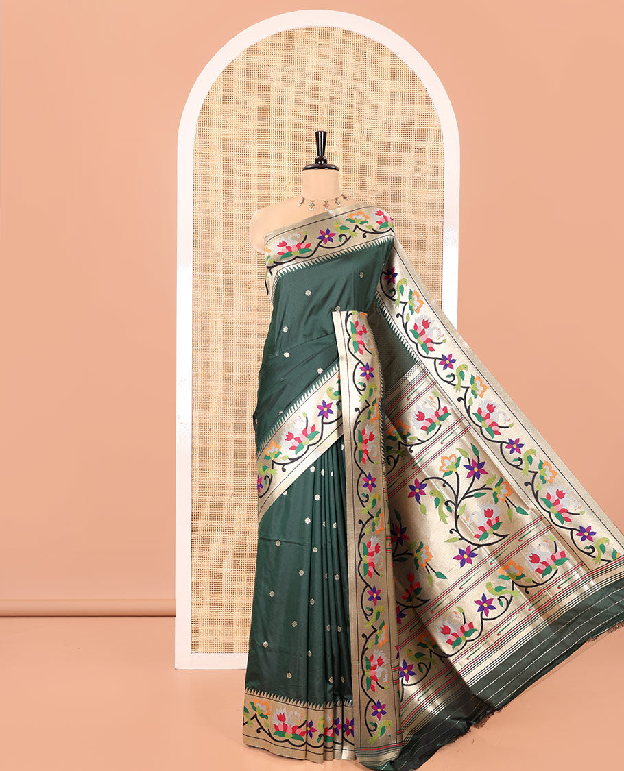 Green Paithani Art Silk Saree, Decked Up with Flower Buttas All Over Its Body, Highlighted by Zari Border Pictures Colorful Floral, and Parrot Designs, Pallu of Muniya, Floral and Parrot Designs, and Paired with a Matching Blouse