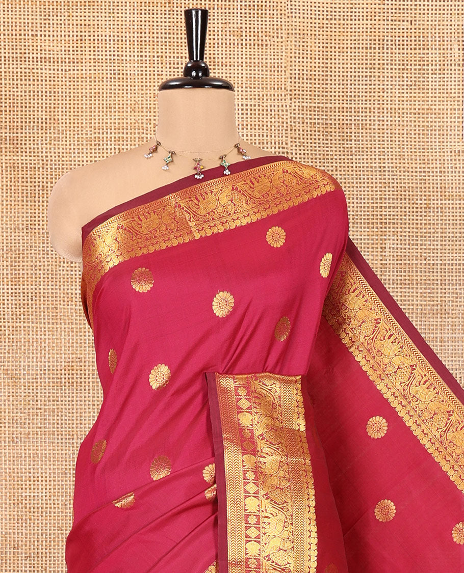 Maroon Art Silk Saree Features Chakra Buttas, a Zari Elephant-Peacock Border, Grand Pallu, Matching Blouse