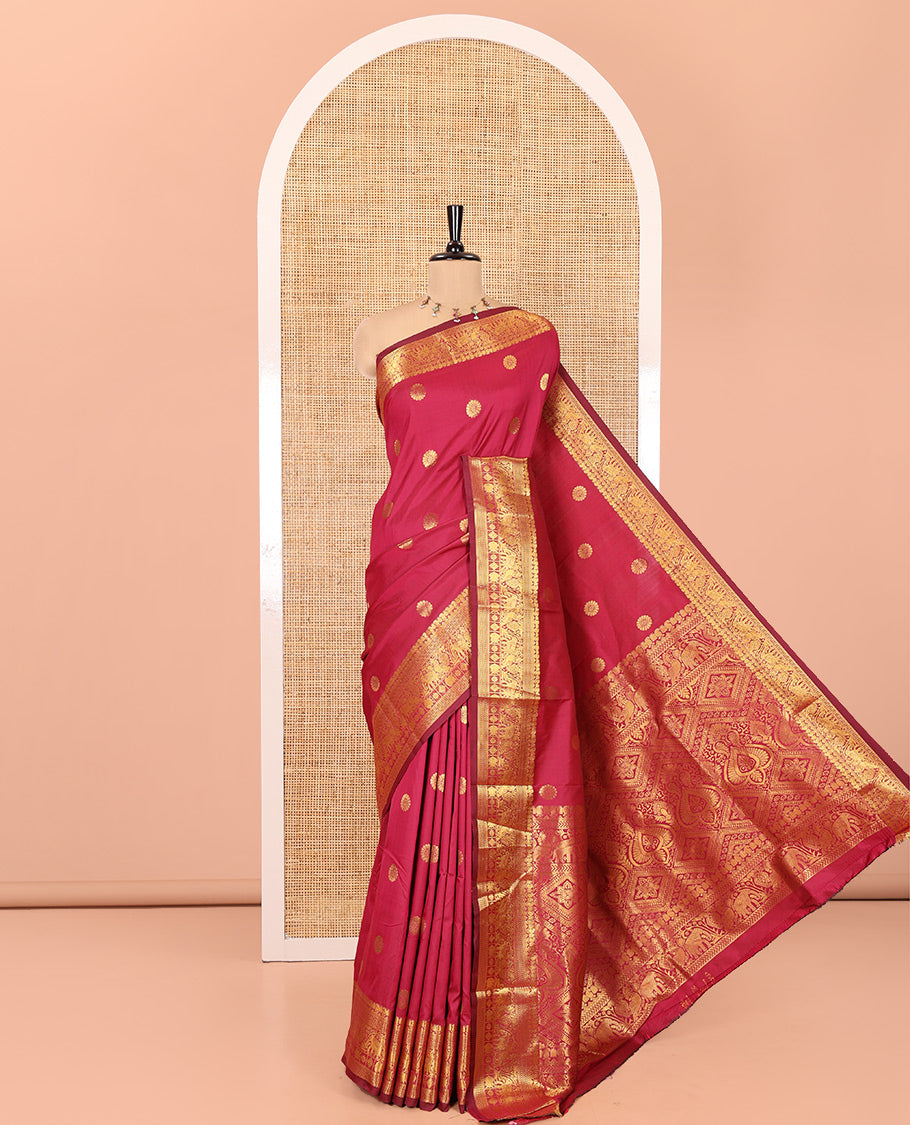 Maroon Art Silk Saree Features Chakra Buttas, a Zari Elephant-Peacock Border, Grand Pallu, Matching Blouse