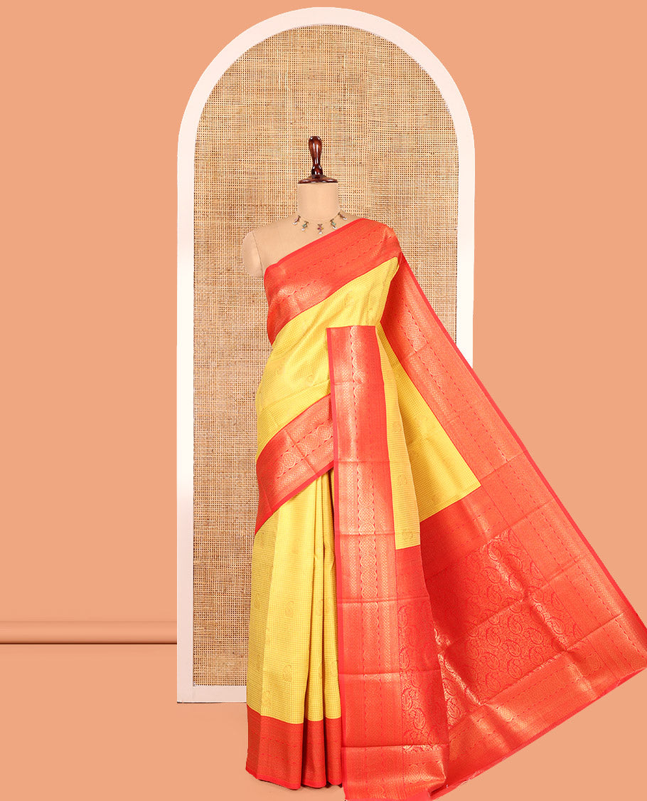 Yellow Litchi Saree, Enriched with Zari Buttas and Checks, Complemented by a Contrast Traditional Zari Border, Paisley Pallu, and a Contrast Blouse