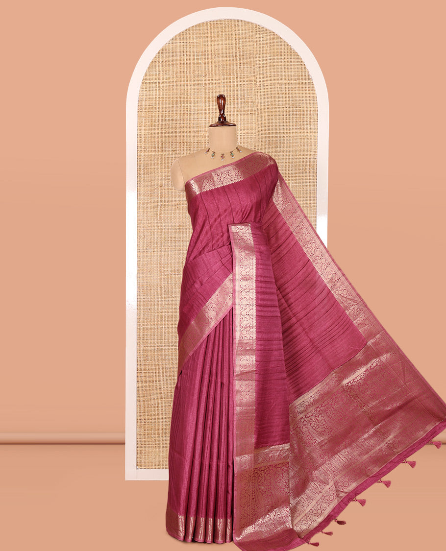 Onion Pink Fancy Tussar Saree, Floral-Paisley Border, Grand Pallu, a Contrast Printed Blouse, Matching Brocade Blouse