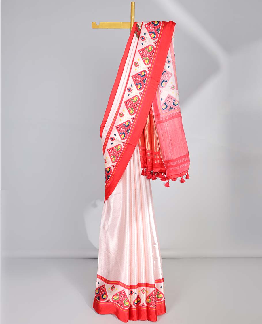Cream semi-banaras printed saree with contrast ikkat design border & pallu of intricate design