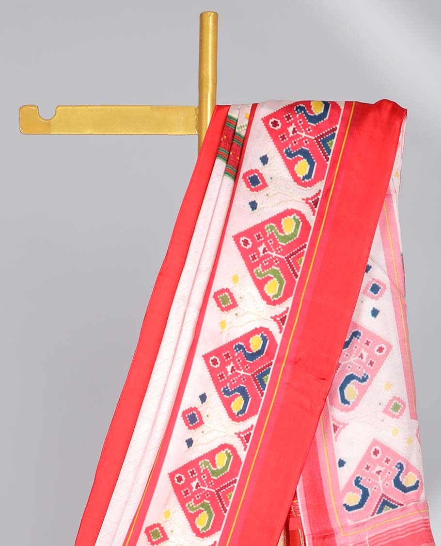 Cream semi-banaras printed saree with contrast ikkat design border & pallu of intricate design