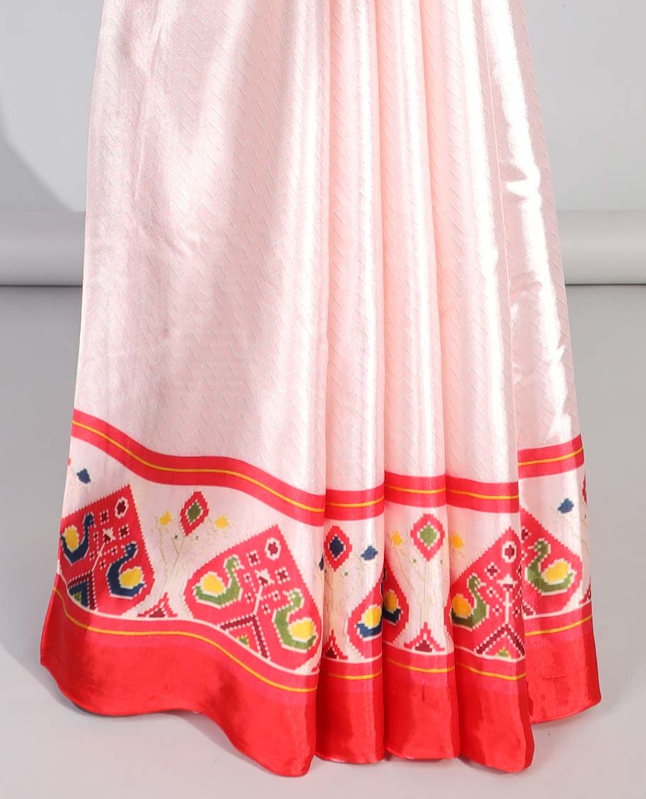 Cream semi-banaras printed saree with contrast ikkat design border & pallu of intricate design