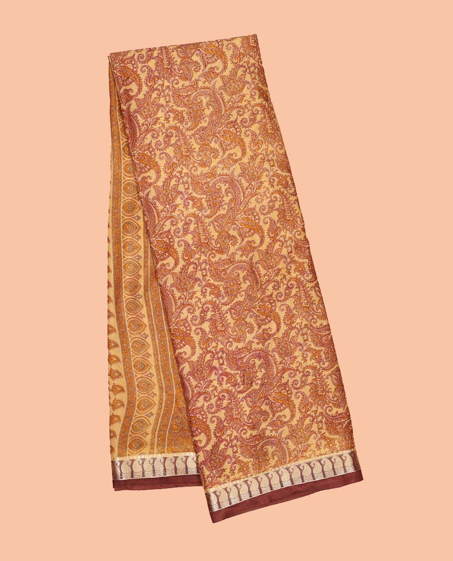 Orange intricate paisley vine semi-banaras printed saree, contrast paisley motifs border & intricate printed pallu