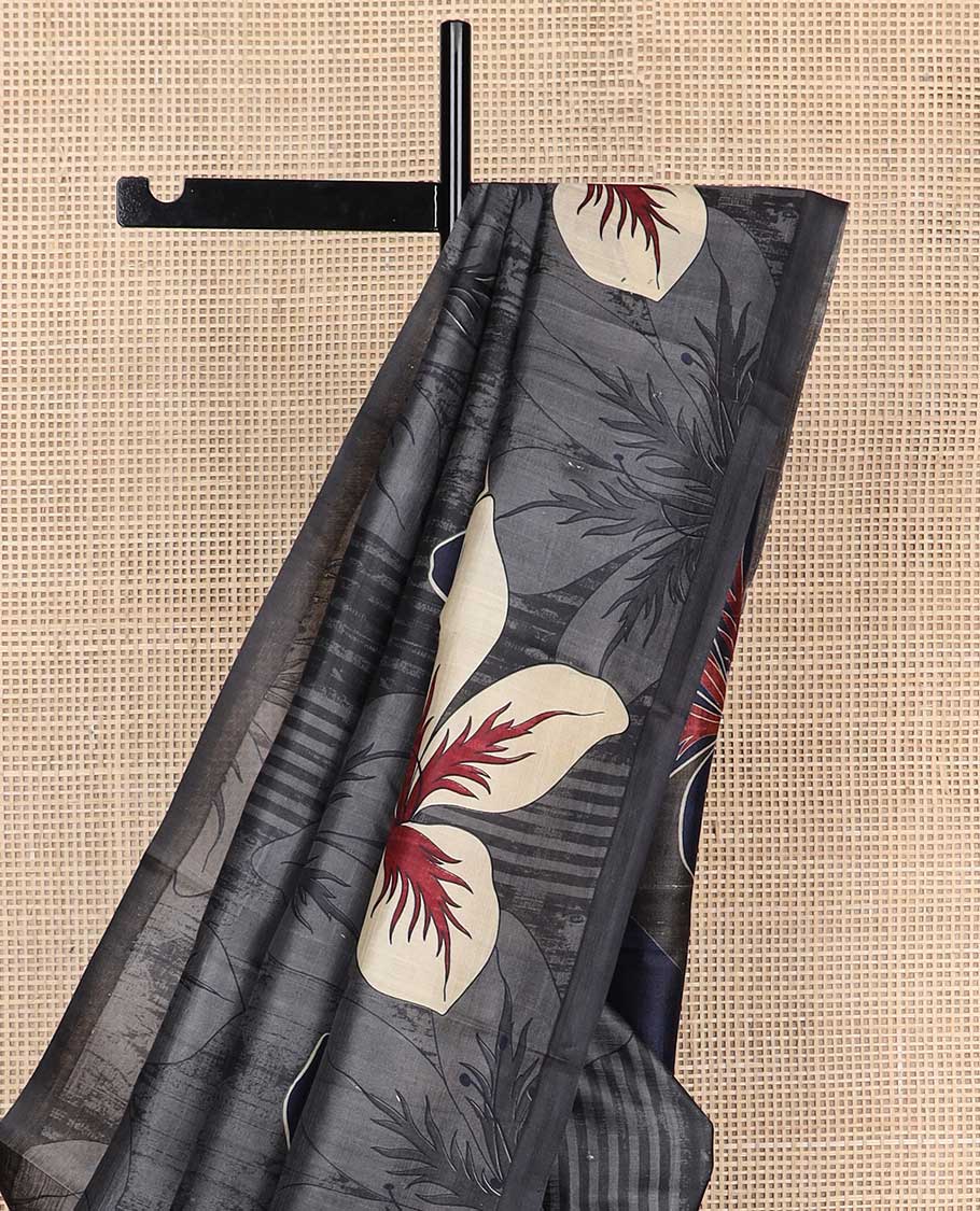 Borderless dark grey floral design printed silk saree