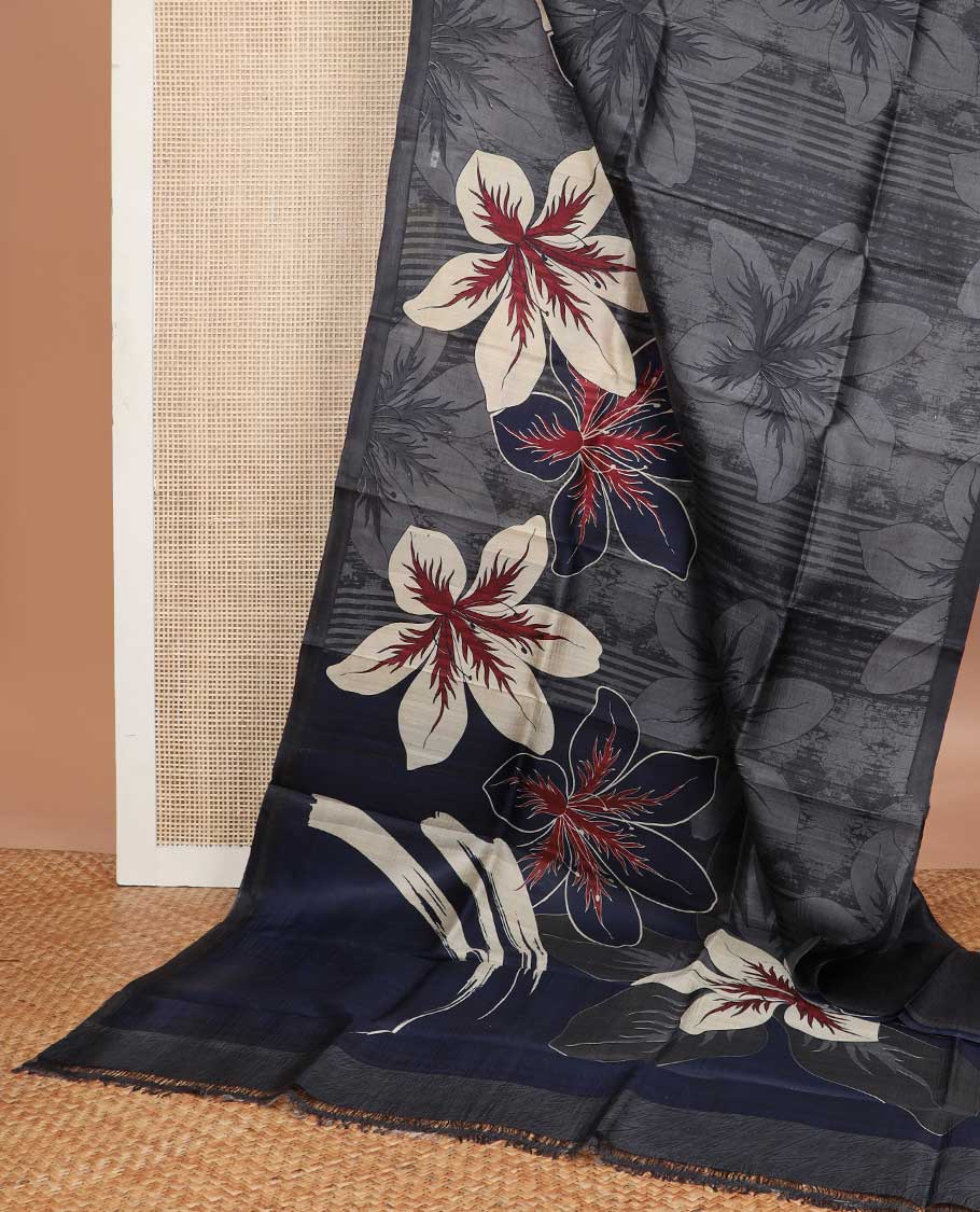 Borderless dark grey floral design printed silk saree