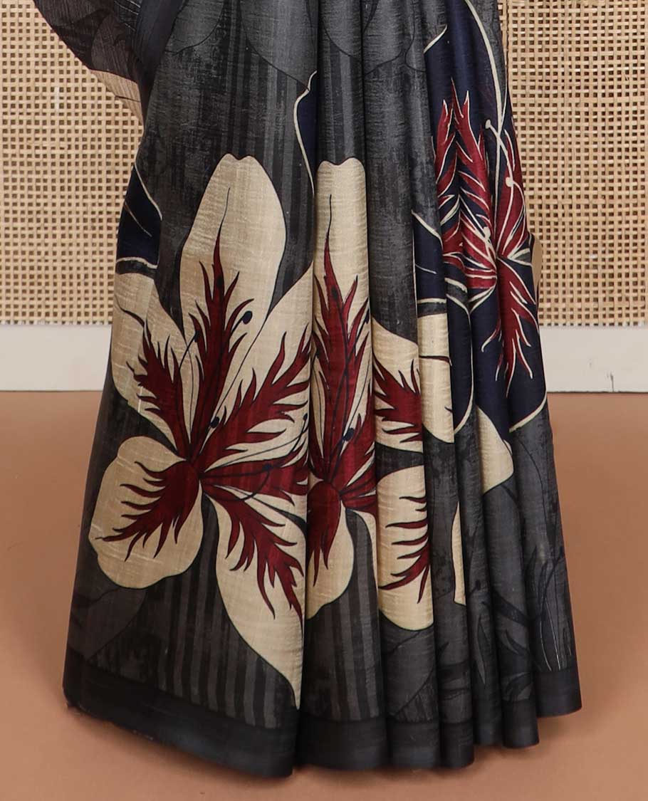 Borderless dark grey floral design printed silk saree