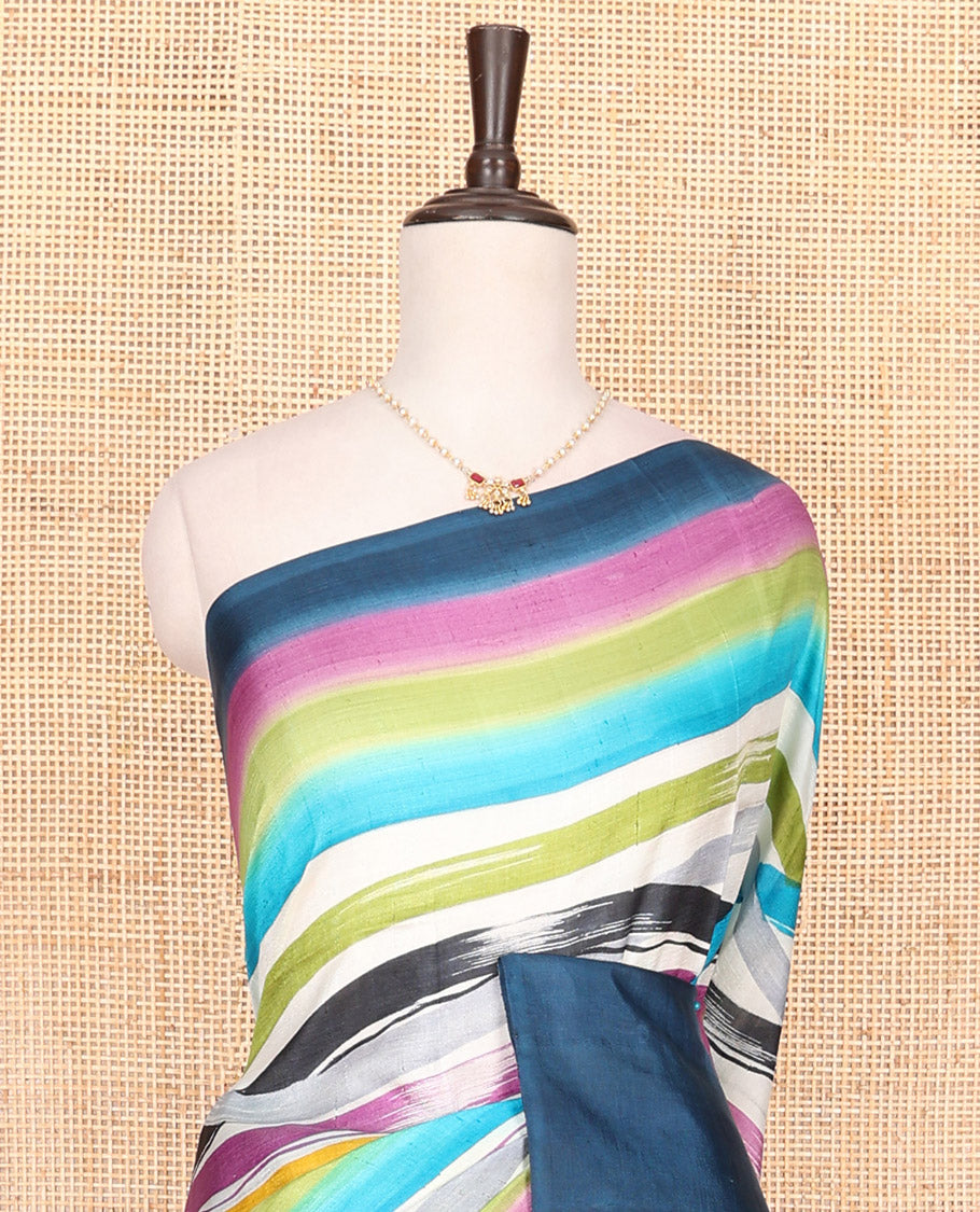 Blue-base multi-color striped printed saree, self-pallu of colorful stripes