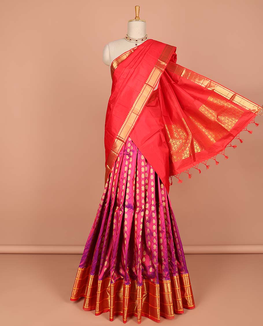 Pink floral buttas pure silk half saree with contrast intricate zari design border, zari design blouse & argyle zari design dhavani