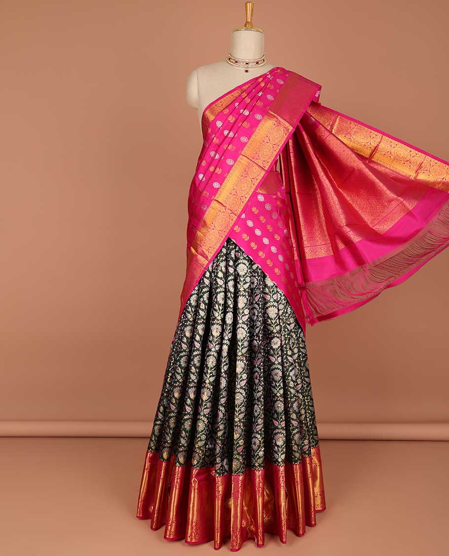 Black floal jacquard pure silk half saree with contrast floral border , zari design blouse & floral zari design dhavani
