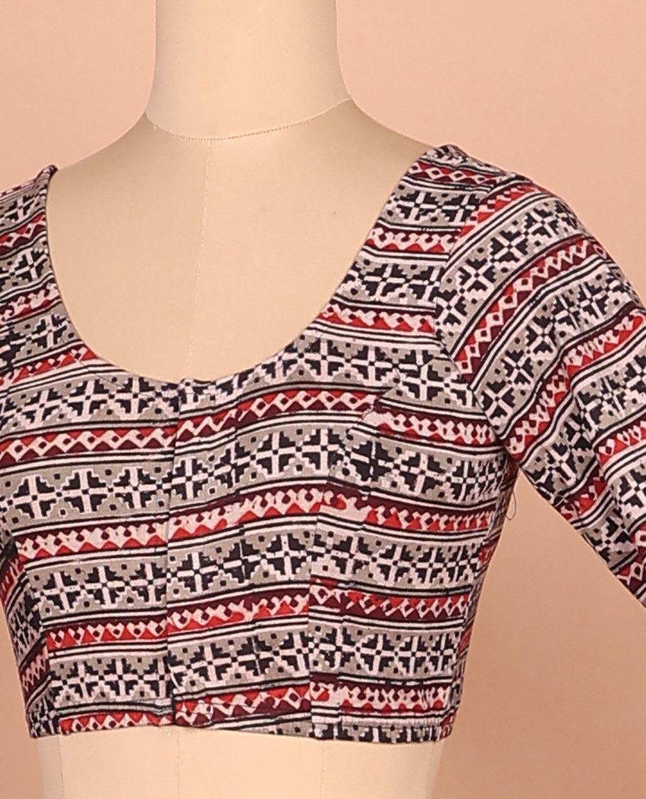 Grey geometric patterns printed front-back round neck full sleeve cotton readymade blouse