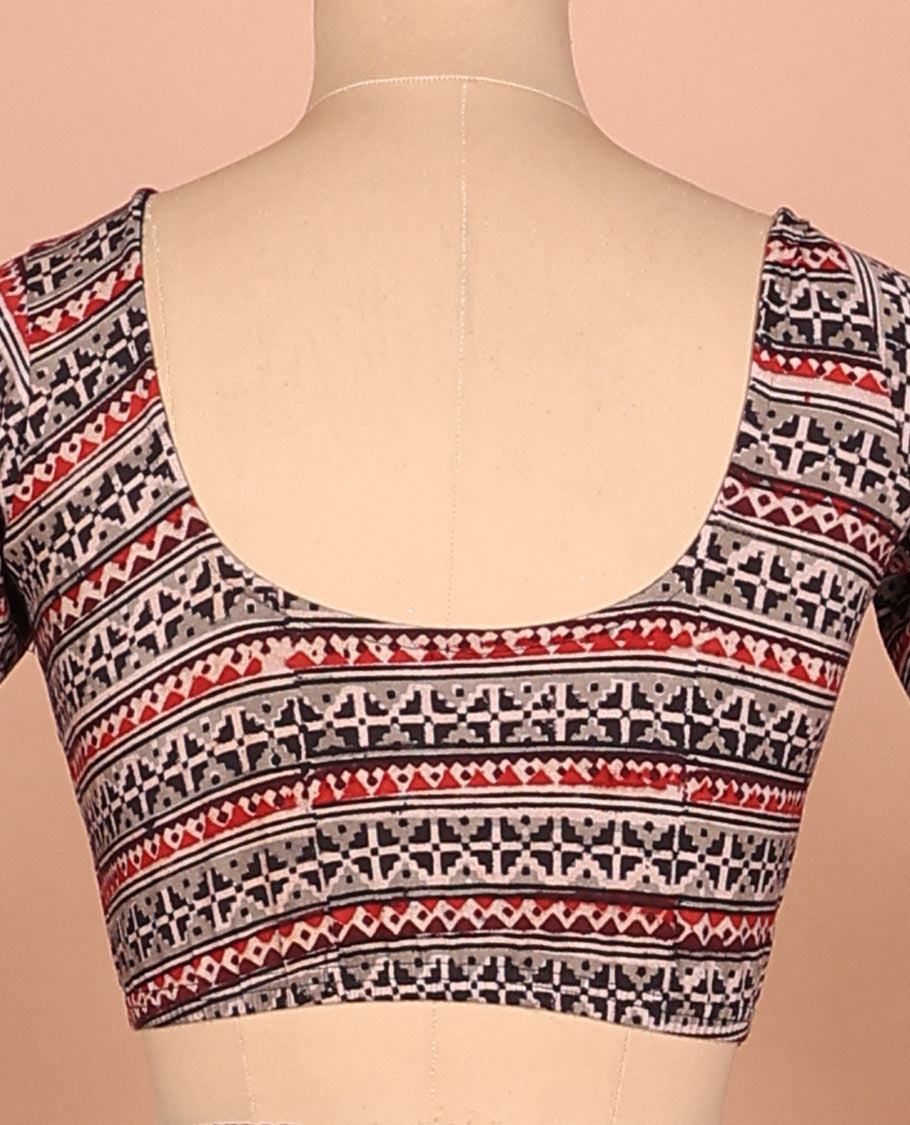 Grey geometric patterns printed front-back round neck full sleeve cotton readymade blouse